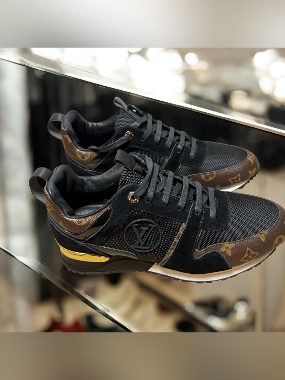 LV women’s Run Away Sneaker black gold brown monogram colorway size 41/10-10.5
